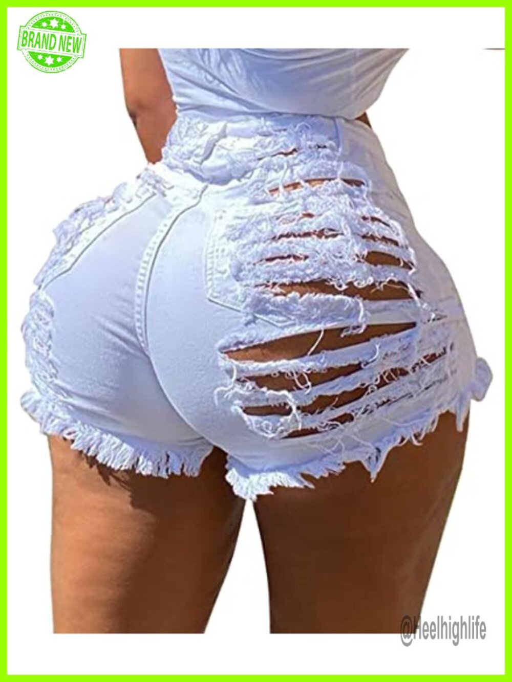High Rise Distressed Denim Shorts with Frayed Hem Slim Fit